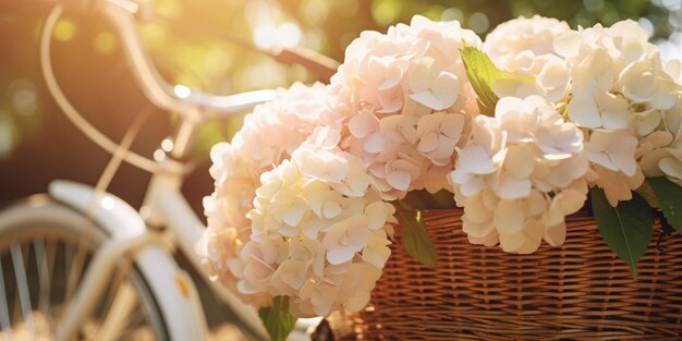 Foto romántica de primer plano de hortensias blancas en una canasta de bicicleta Foto de alta calidad IA generativa