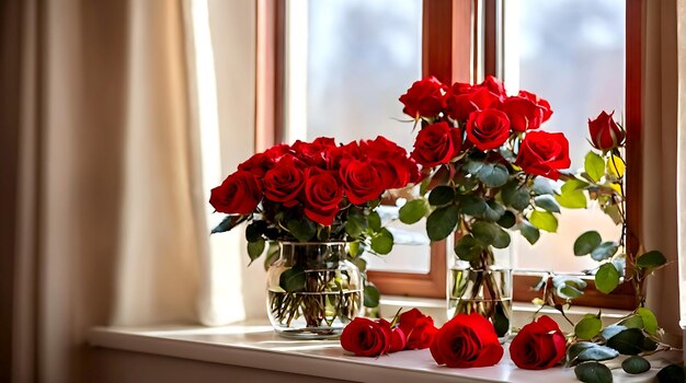 La foto de rosas rojas junto a la ventana aportó un toque de romance a la habitación.