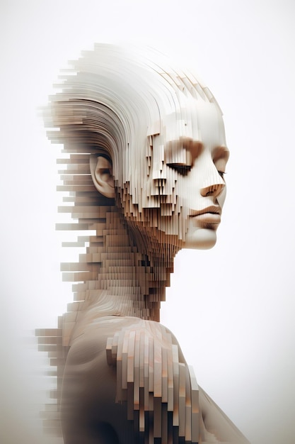 Foto de un rostro de mujer generado por IA39 con líneas y patrones intrincados tecnología concepto de big data