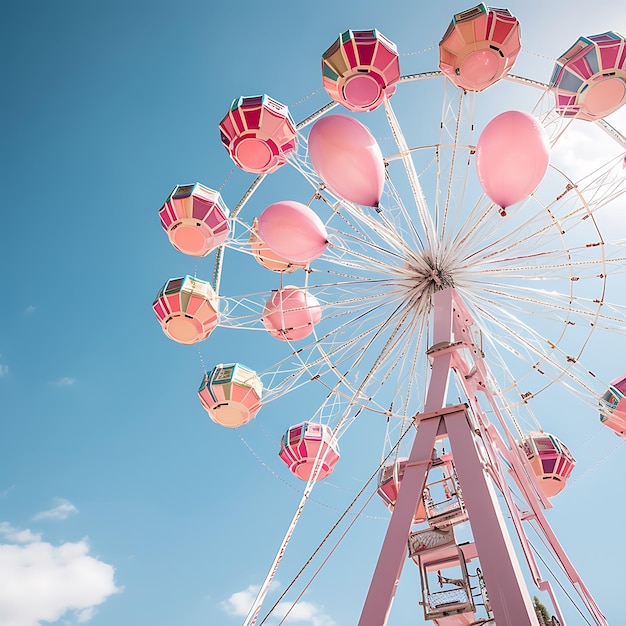 Foto de una rueda de la fortuna y globos rosas cierre dramático