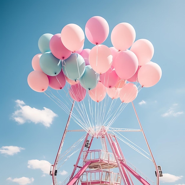 Foto de una rueda de la fortuna y globos rosas cierre dramático