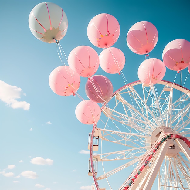 Foto de una rueda de la fortuna y globos rosas cierre dramático