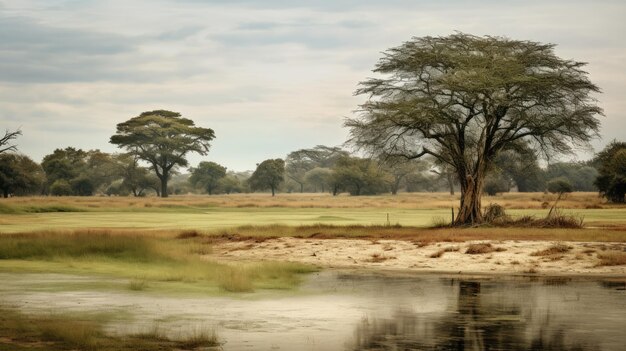 Foto una foto de una sabana con un pozo de agua alrededor de los árboles