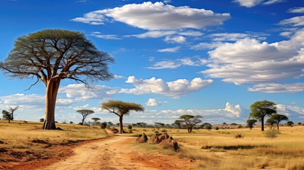 Una foto de una sabana con un viaje de elefantes esparcidos árboles de baobab