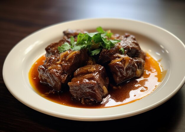 Una foto sabrosa y deliciosa de mejillas de carne suculentas en un plato.