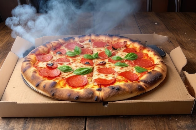 foto Sabrosa pizza en la mesa de madera con humo