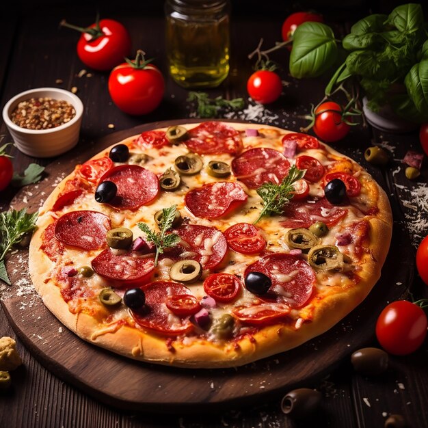 Foto de una sabrosa pizza con queso rellena de tomate, salami, queso y aceitunas