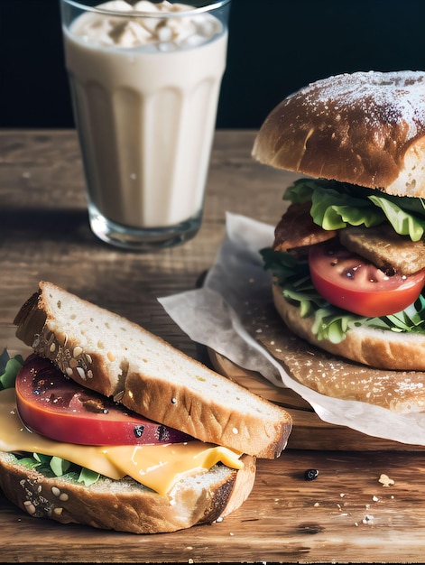 Foto de un sabroso desayuno matutino con sándwich de tocino y leche