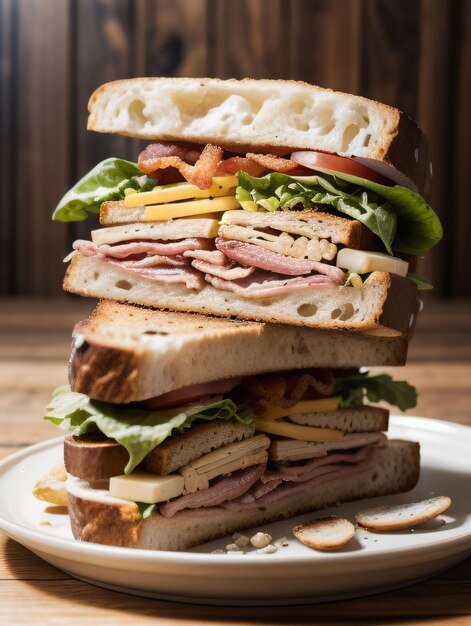 Foto de un sabroso sándwich de tocino con pan de semillas en un plato sobre la mesa