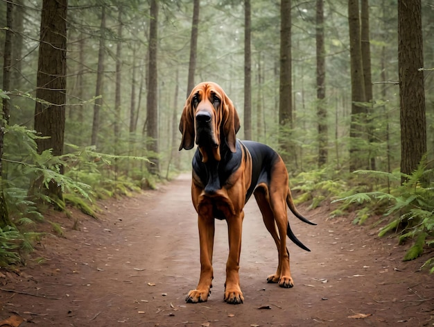 Foto foto de un sabueso en un sendero del bosque
