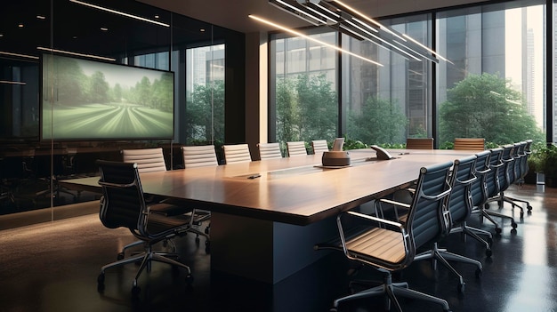 Una foto de una sala de conferencias elegante con una mesa de conferencias moderna y equipo audiovisual
