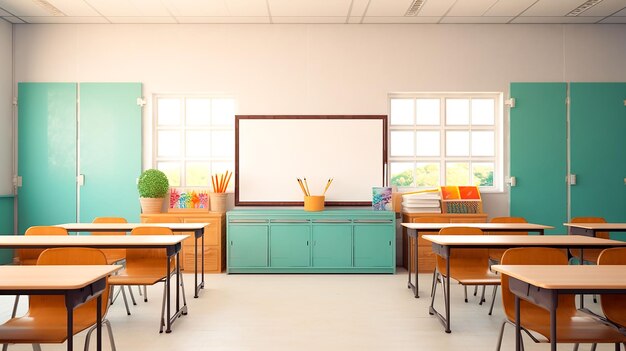 Foto sala de aula da escola com cadeiras, mesas e quadro gerado por IA