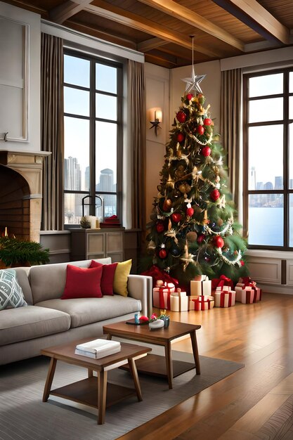 Foto foto sala de estar com lareira e árvore de natal