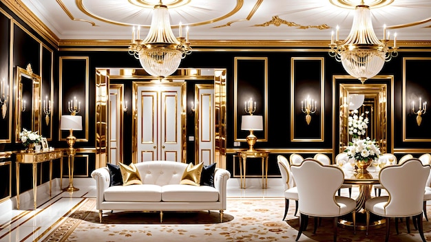 Foto de una sala de estar bellamente decorada con muebles elegantes y una impresionante lámpara de araña.