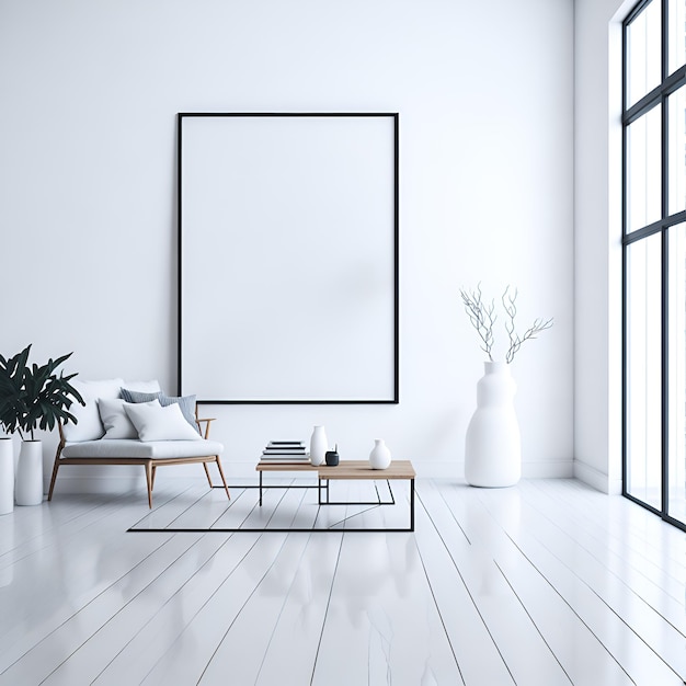 Foto de una sala de estar blanca con un gran marco de imágenes como punto focal