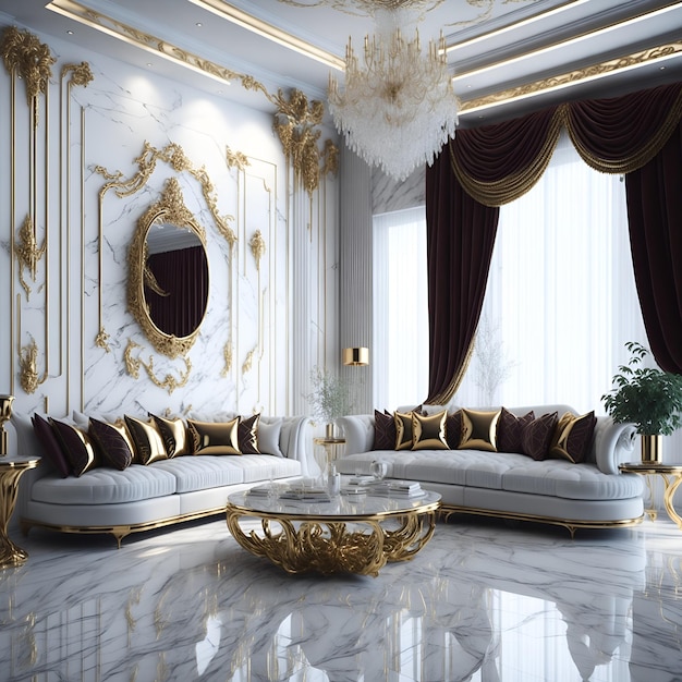 Foto de una sala de estar elegante con muebles elegantes y un impresionante espejo de gran tamaño