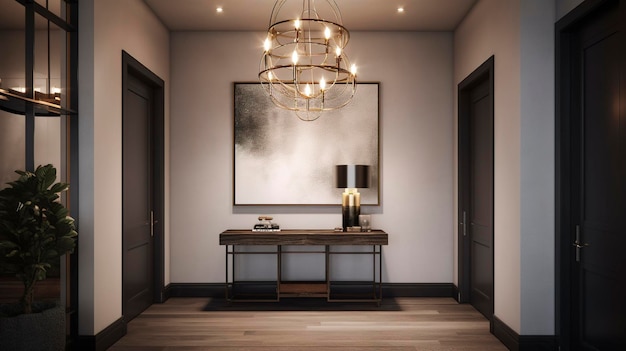 Una foto de una sala de estar minimalista con iluminación llamativa
