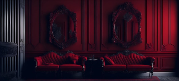 Foto de una sala de estar moderna con dos sofás rojos y un gran espejo.