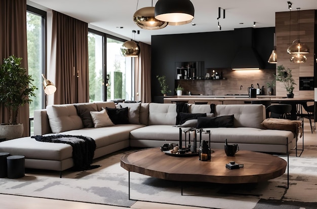 Foto de una sala de estar moderna con muebles elegantes y una vista panorámica a través de un gran ventanal.