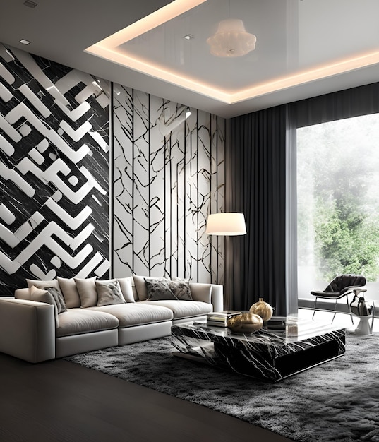 Foto de una sala de estar moderna con una pared de acento minimalista en blanco y negro