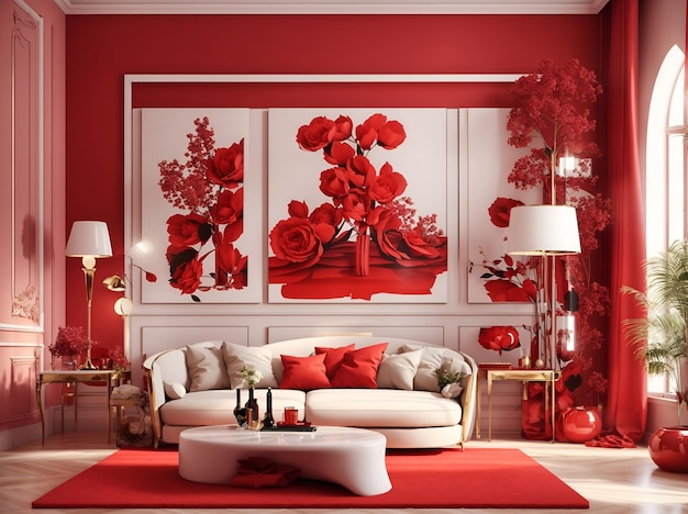 Foto de una sala de estar moderna con una vibrante combinación de colores rojo y blanco.