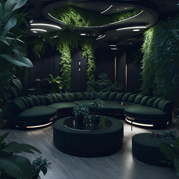 Foto de una sala de estar verde y exuberante llena de plantas y luz natural