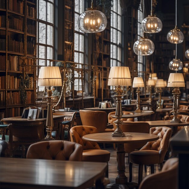 Foto sala de lectura con mesas y lámparas en la biblioteca pública en el fondo de