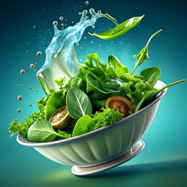 foto salada fresca verde durante a limpeza com salpico de água
