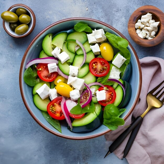 Foto foto salat aus tomaten, gurken, roten zwiebeln und salatblättern