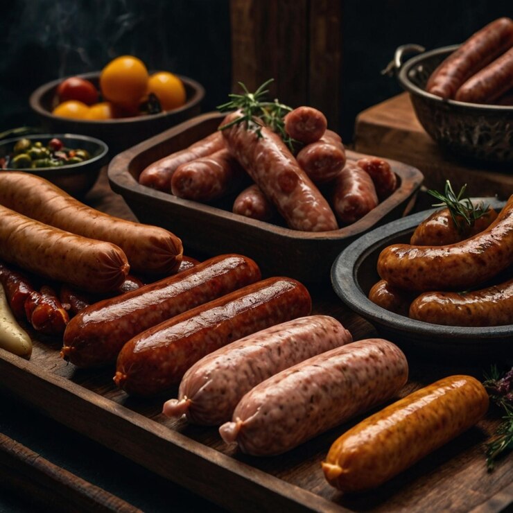 Foto foto de salchichas y carnes crudas en una mesa