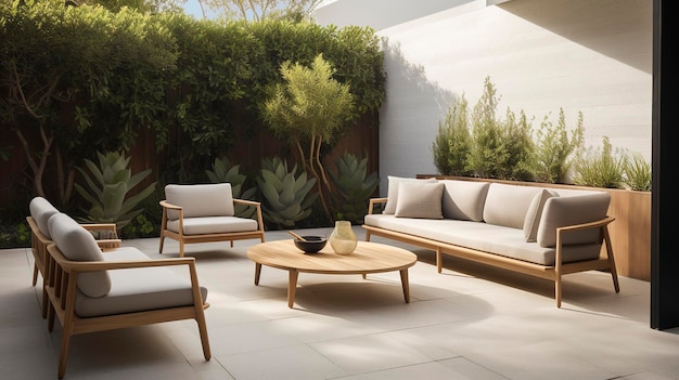 Una foto de un salón minimalista al aire libre con muebles contemporáneos