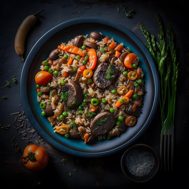 foto salsicha arroz frito com tomate, cenoura e cogumelos shiitake no prato fotografia de comida