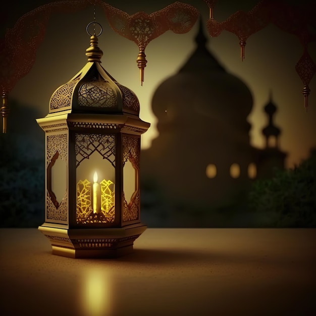 Foto de saludo de Ramadán Kareem con un sereno fondo de mezquita con una hermosa linterna brillante