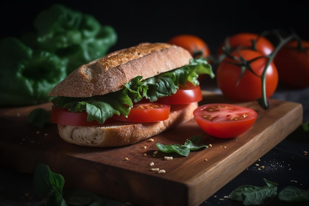 Una foto de un sándwich fresco y sabroso con tomates saludables rebosantes