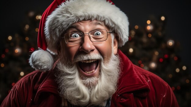 Foto de Santa Claus con barba gris y mirada emocionada