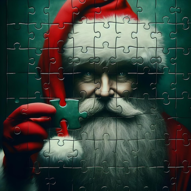 Foto de Santa en forma de piezas de edición de fotos como un rompecabezas verde oscuro y rojo