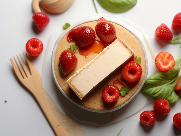 Foto schmackhafter veganer Tofu-Käsekuchen auf weißem Tisch.