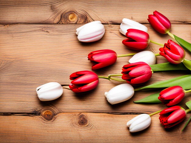 Foto schöne Tulpen weiß und rosa auf weißem Holzhintergrund