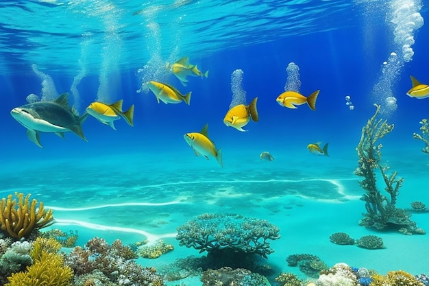 Foto schöne Unterwasser-Panoramablick mit tropischen Fischen und Korallenriffen