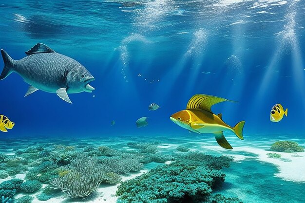 Foto schöne Unterwasser-Panoramablick mit tropischen Fischen und Korallenriffen