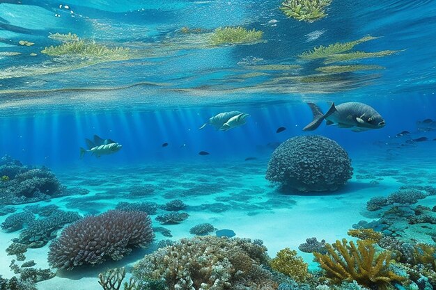 Foto schöne Unterwasser-Panoramablick mit tropischen Fischen und Korallenriffen