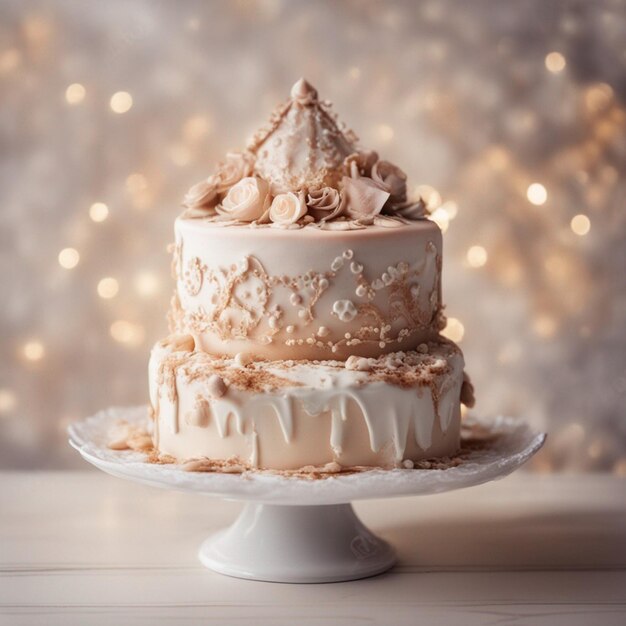 Foto schöner festlicher Kuchen-Keks mit verschiedenen Cremen und geschmücktem Hintergrund