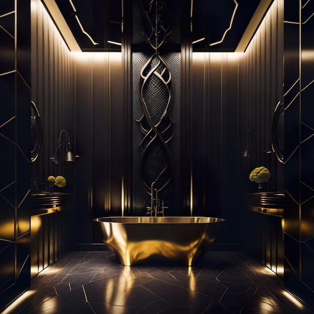 Foto schönes Badezimmer mit goldenen Details und luxuriösen Möbeln