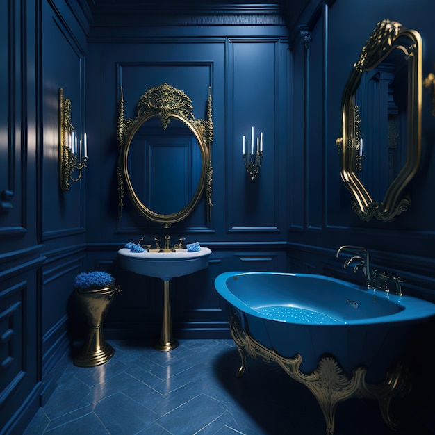 Foto schönes Badezimmer mit goldenen Details und luxuriösen Möbeln