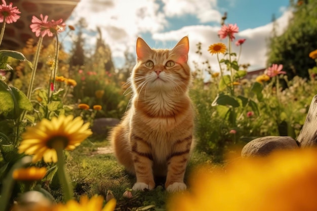 Foto schönes Blumenfeld mit niedlicher Katze