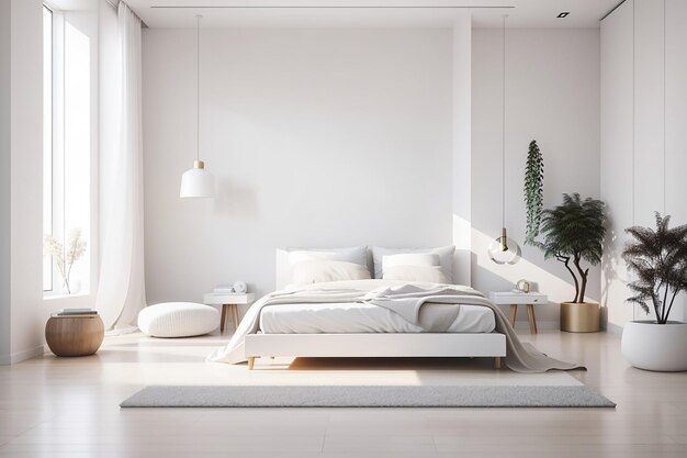 Foto schönes minimalistisches weißes Schlafzimmerinterieur