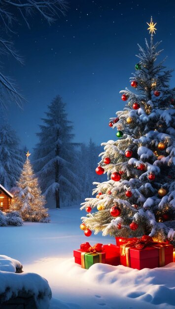 Foto schönes Winterhaus und Weihnachtsbaum auf dem Berg