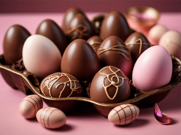 Foto Schokolade-Eier mit Geschenken auf rosa Hintergrund