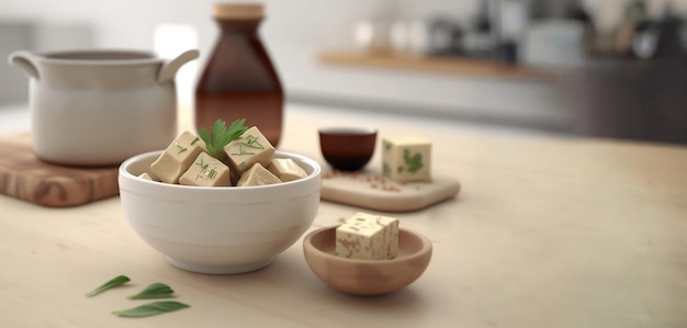 Foto Schüssel Tofu mit einem grünen Blatt darauf