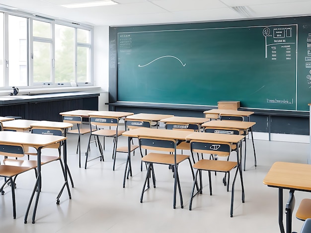 Foto Schulklassenraum mit Stühlen, Schreibtischen und Tafel ohne Schüler